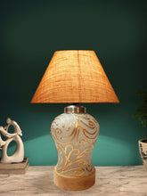 Conical Beige Jute Shade Lamp with Wood & Mosaic Glass Base